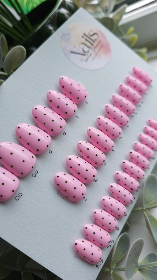 Green and pink polka dots | Press on nails S almond | Ready to ship
