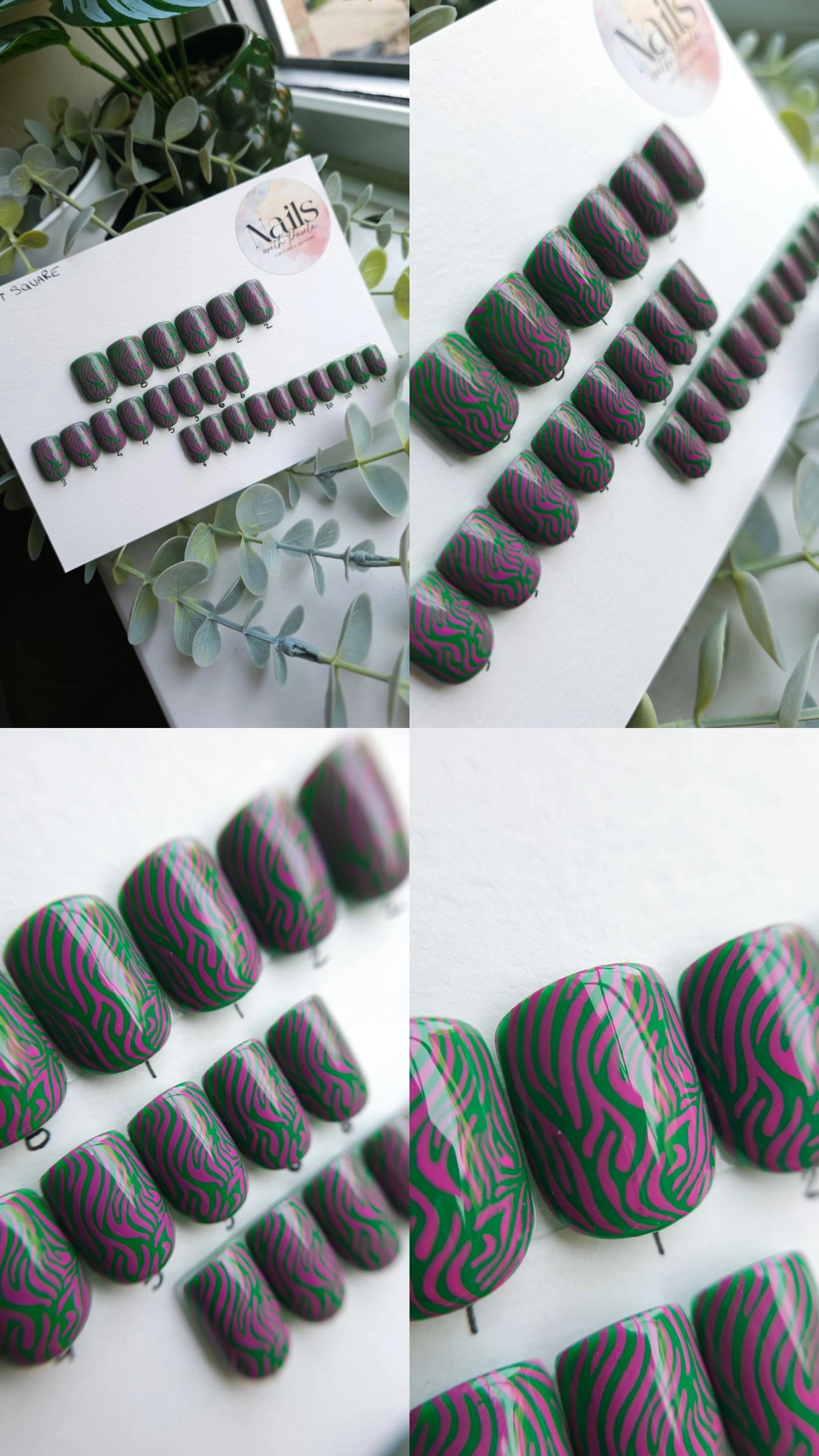 Pink and green tiger | Press on nails XS Soft square | Ready to ship