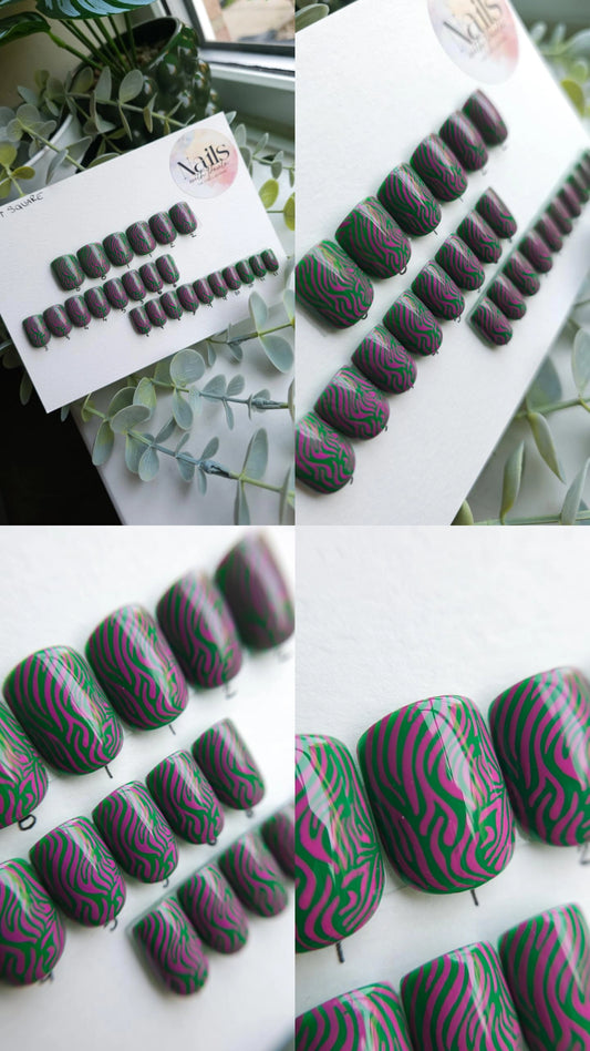 Pink and green tiger | Press on nails XS Soft square | Ready to ship
