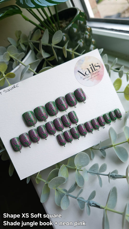 Pink and green tiger | Press on nails XS Soft square | Ready to ship