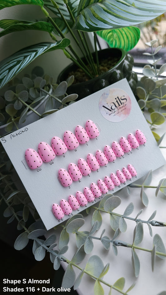 Green and pink polka dots | Press on nails S almond | Ready to ship
